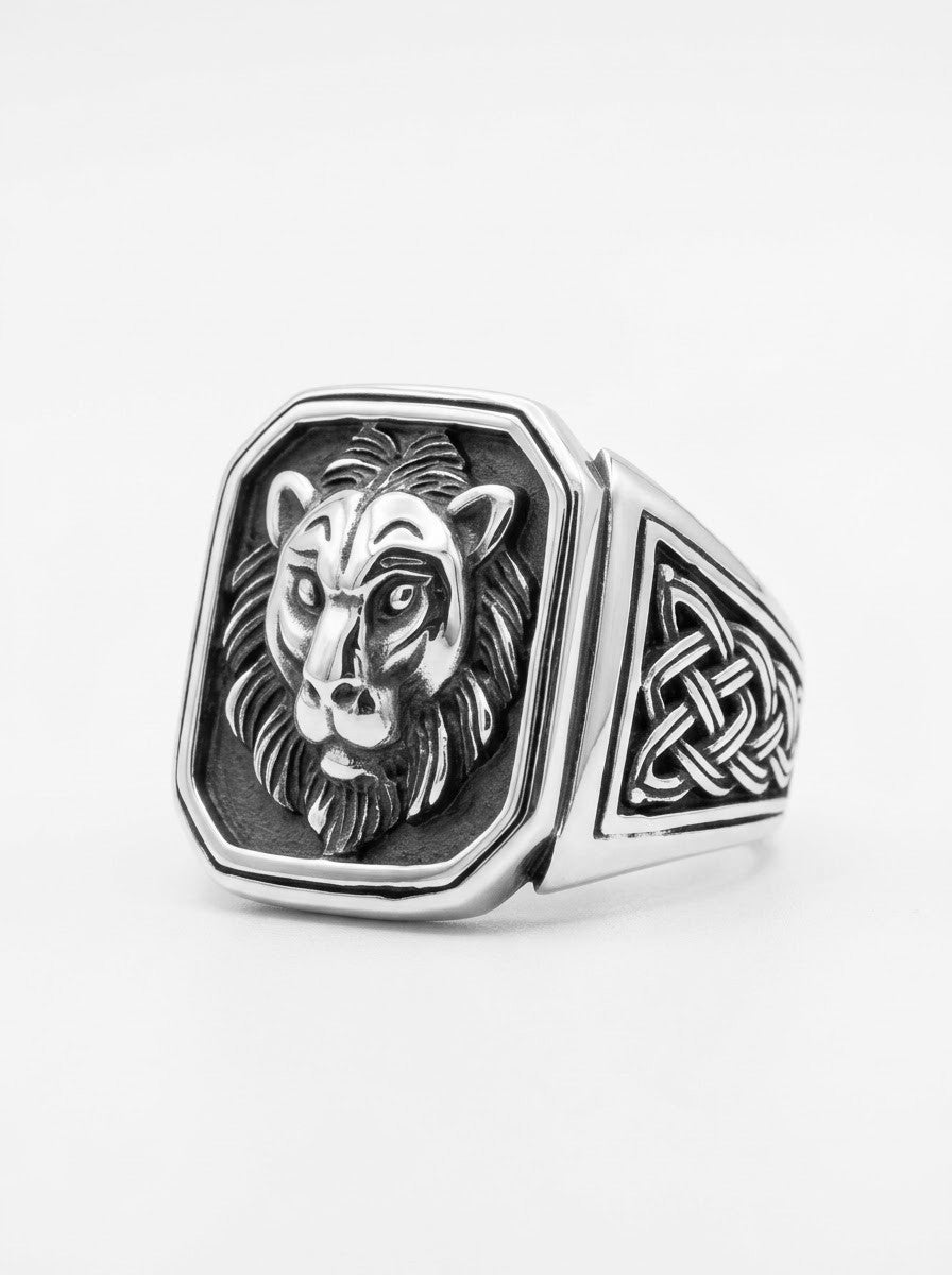 ANILLO DE PLATA LEÓN LABRADO PLATA QUEMADA