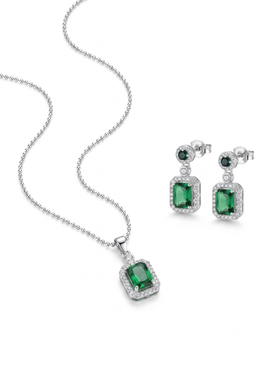 JUEGO DE PLATA ARETE Y COLLAR VERDE