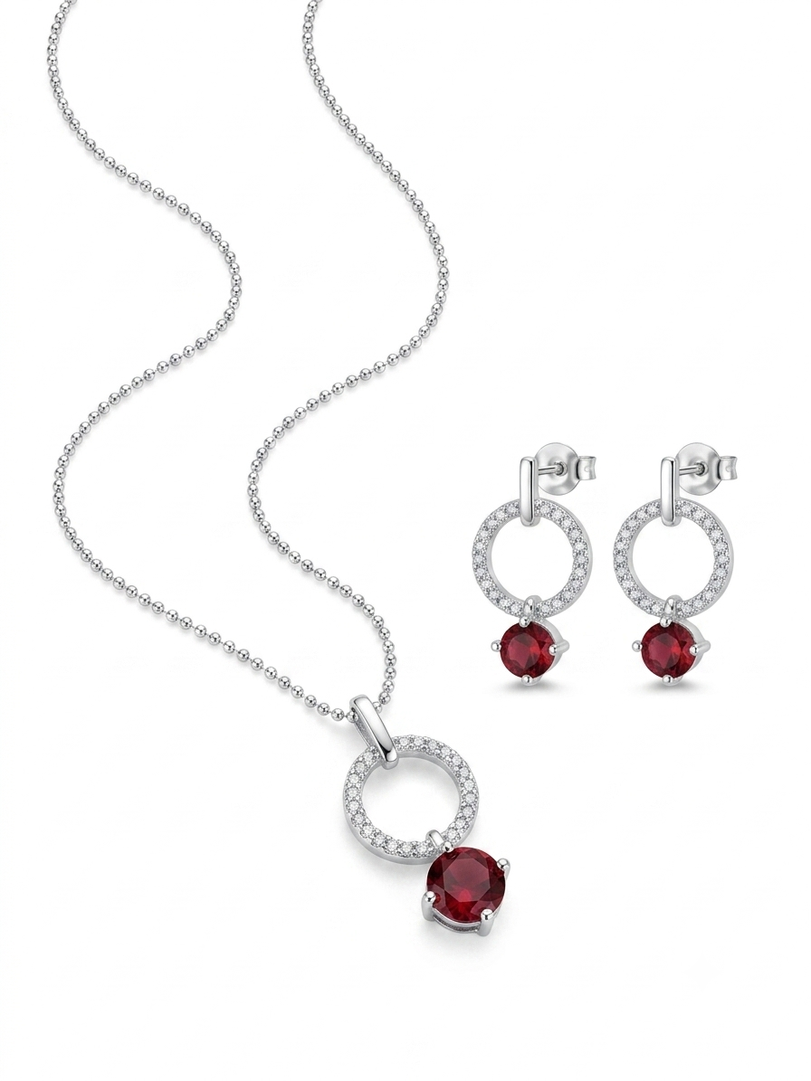 JUEGO DE PLATA ARETE Y COLLAR ROJO