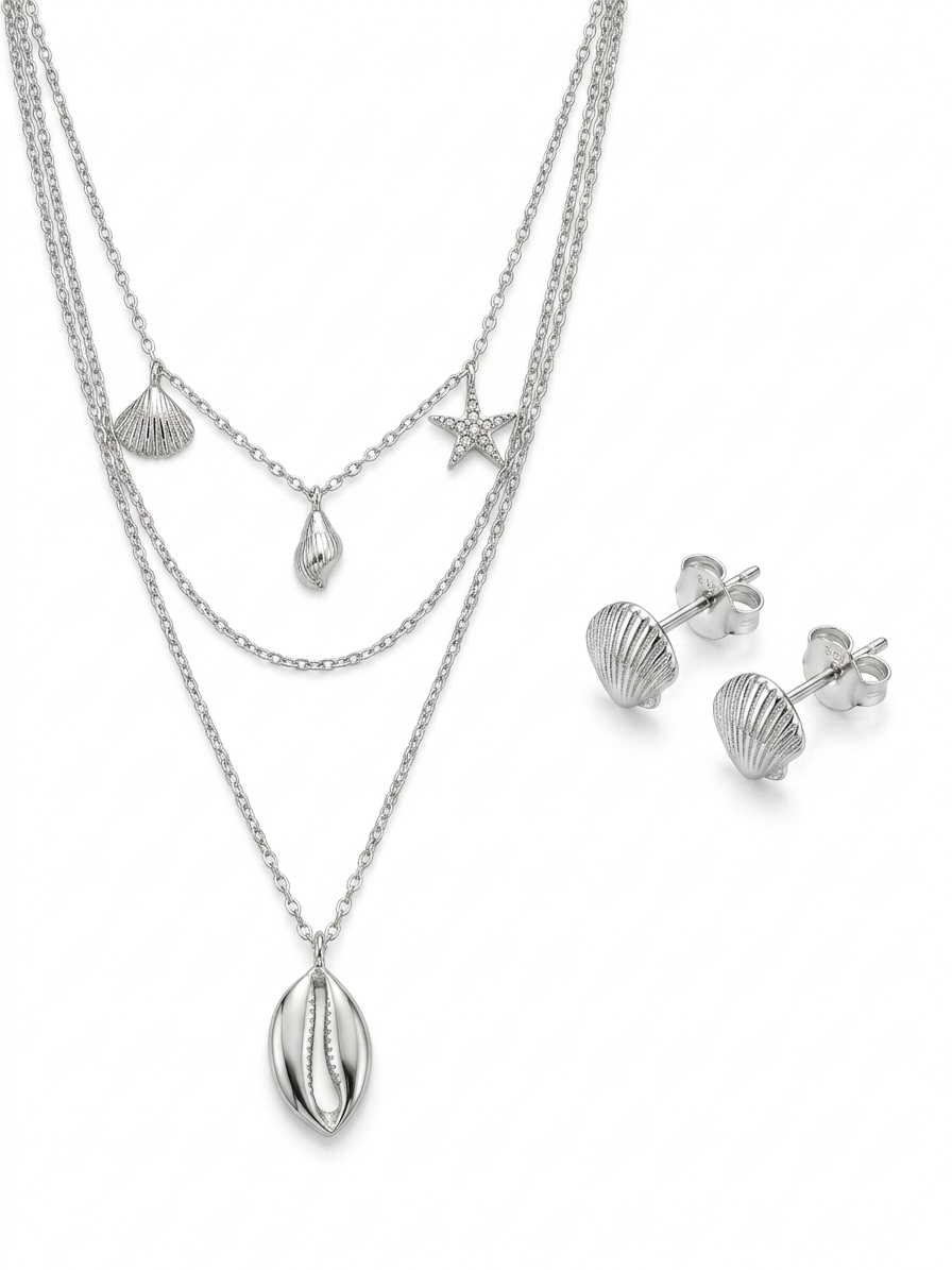 JUEGO DE PLATA ARETE Y COLLAR MARINO