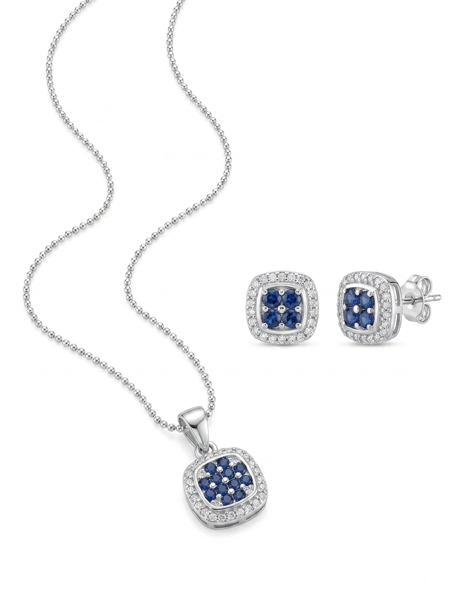 JUEGO DE PLATA COLLAR Y ARETE TREBOL AZUL