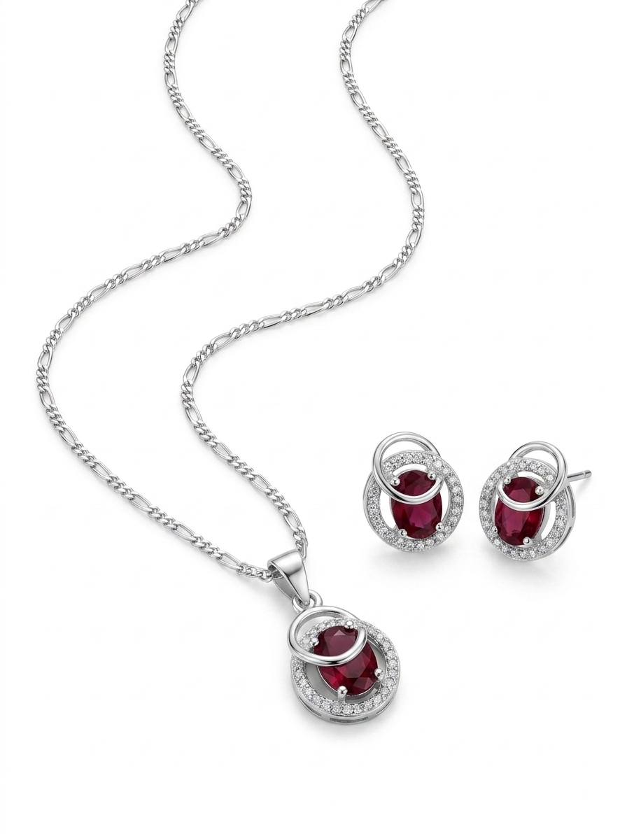 CONJUNTO DE ARETE Y COLLAR ROJO EN PLATA