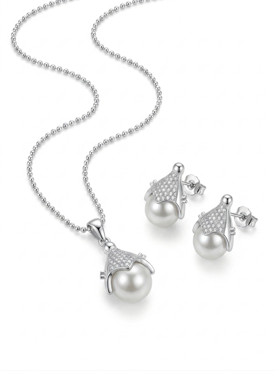 CONJUNTO DE PLATA ARETE Y COLLAR CON PERLAS