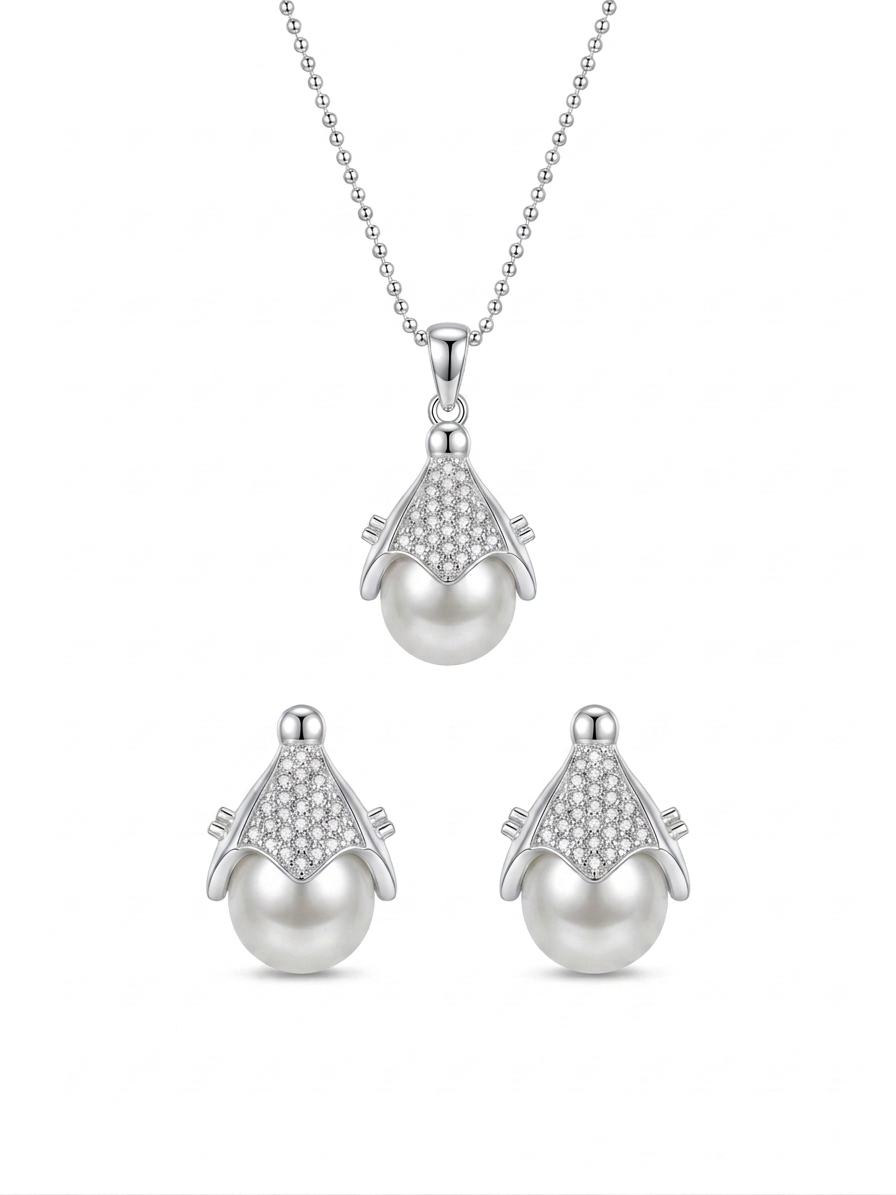 CONJUNTO DE PLATA ARETE Y COLLAR CON PERLAS