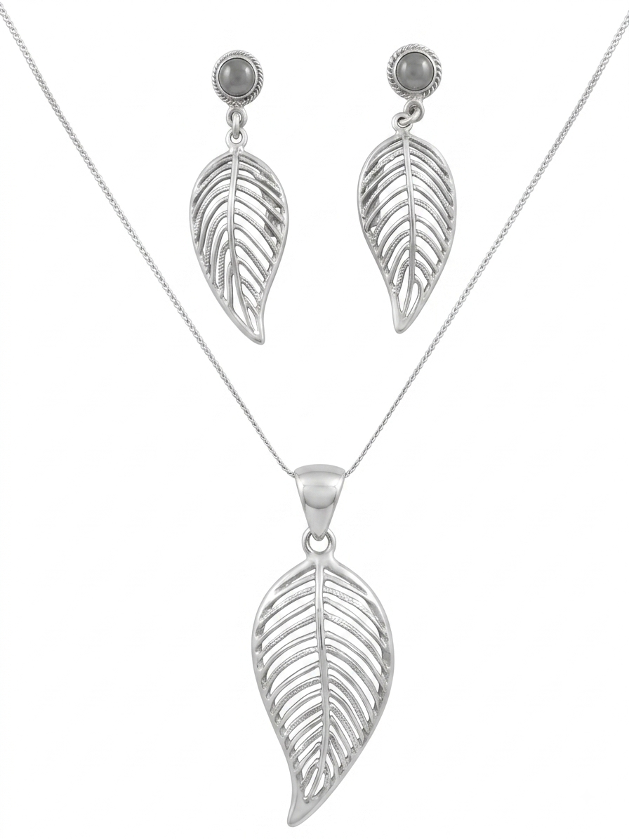 JUEGO DE PLATA ARETE Y COLLAR HOJA