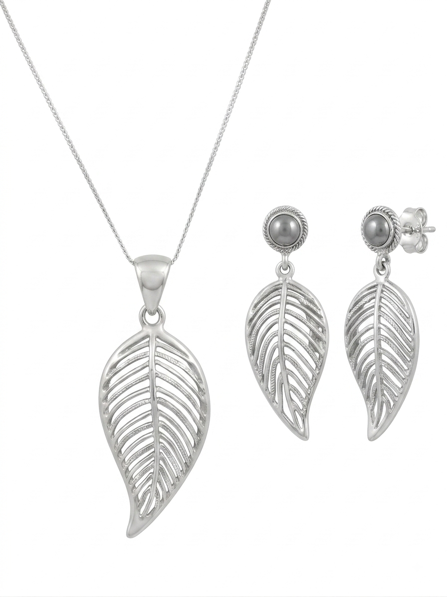 JUEGO DE PLATA ARETE Y COLLAR HOJA