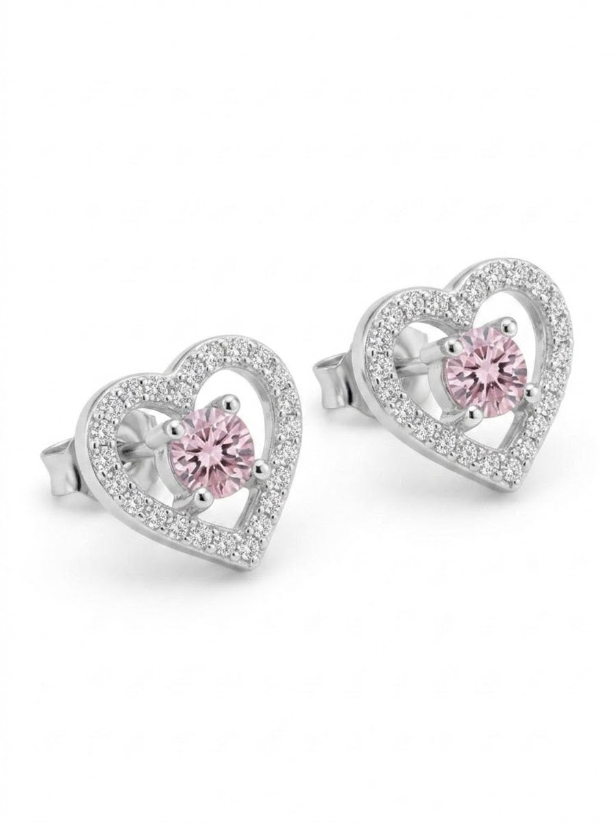 ARETE DE PLATA PEGADO CORAZÓN ROSADO