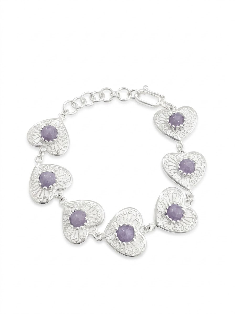 PULSERA DE PLATA CORAZONES MORADO
