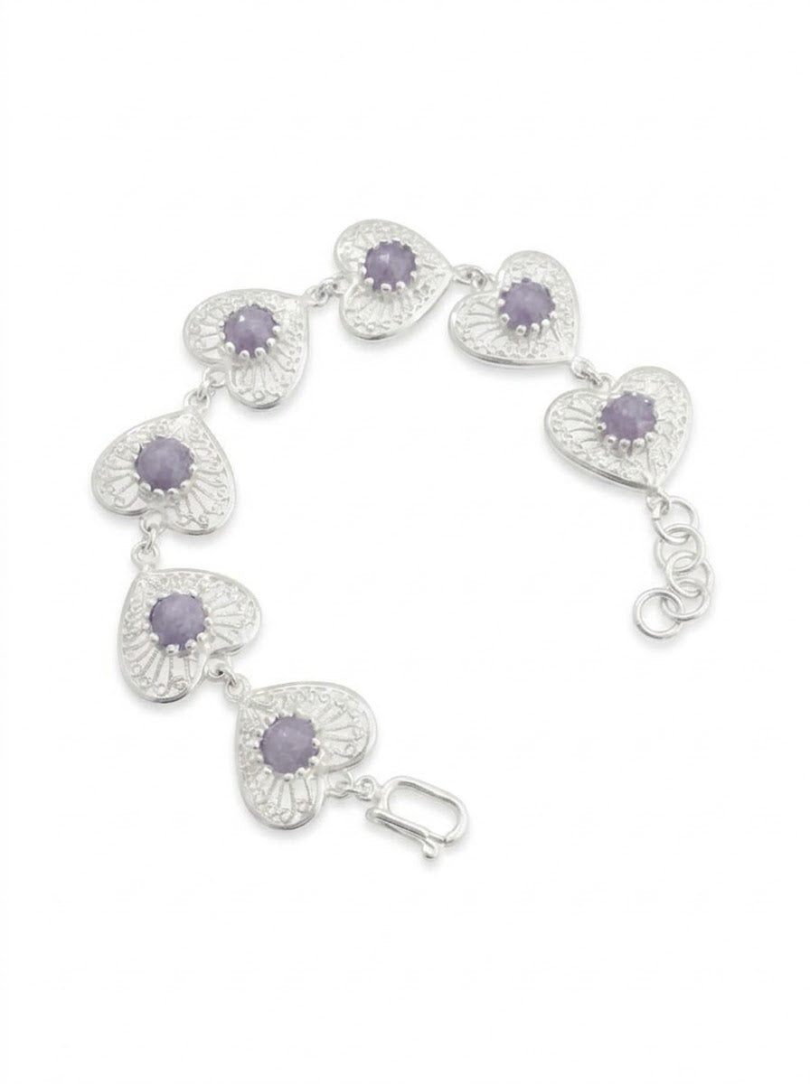 PULSERA DE PLATA CORAZONES MORADO