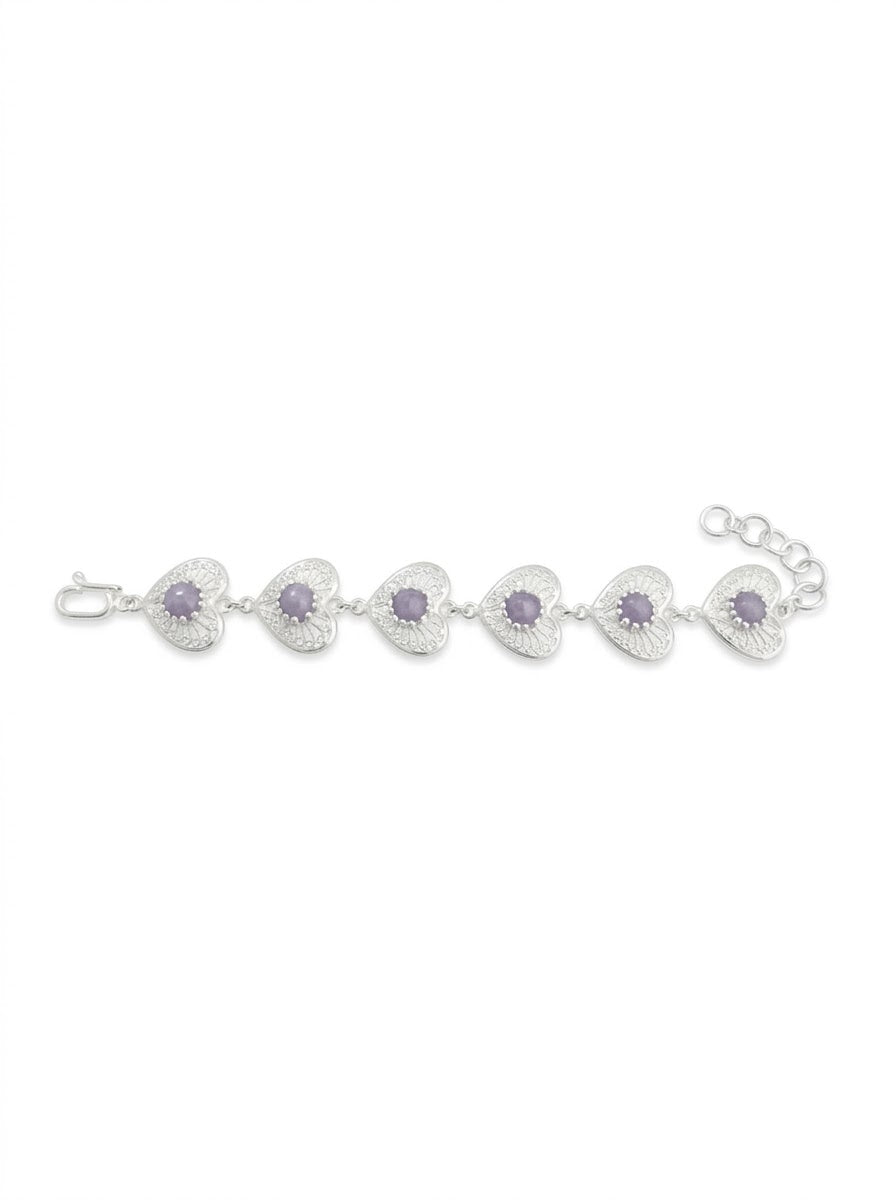 PULSERA DE PLATA CORAZONES MORADO